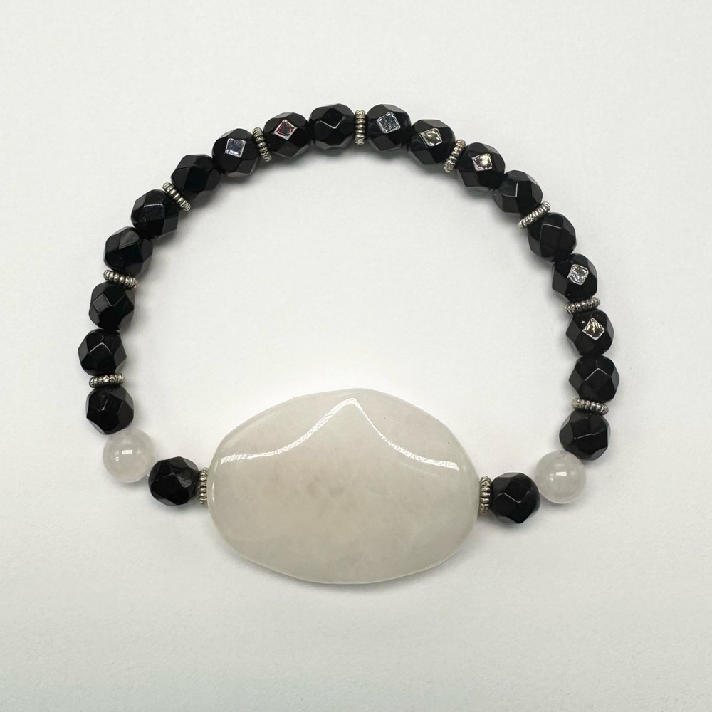 Rose Quartz and Black Beaded Bracelet - S/M